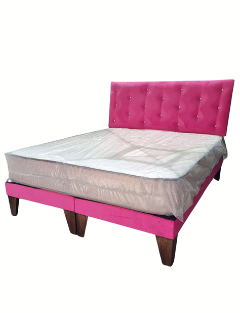 Cama Europea 2Plazas Fucsia Felpa Botón Diamante-2
