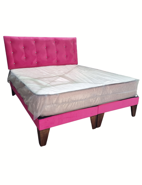 Cama Europea 2Plazas Fucsia Felpa Botón Diamante-1