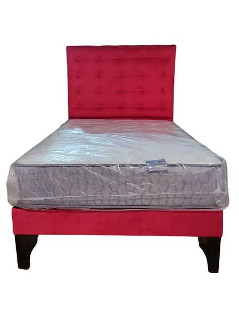 Cama Europea 1.5 Plazas + Respaldo Rojo A Piso -0