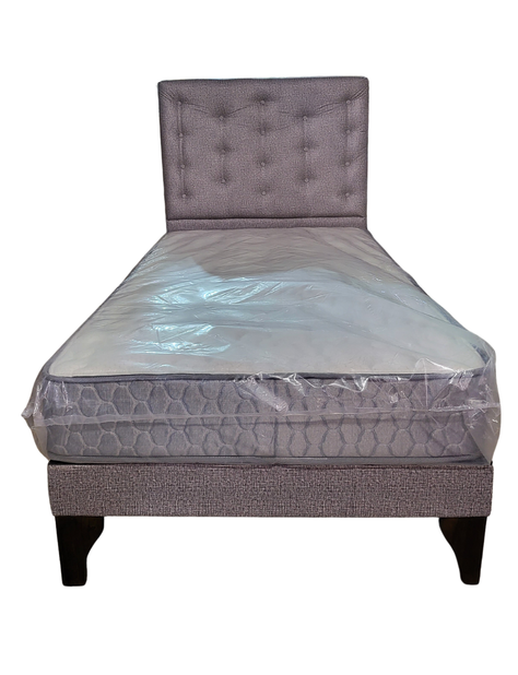 Cama Europea 1.5 Plazas + Respaldo Gris A Piso + Colchón Resorte-3