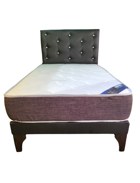 Cama Europea 1.5P Respaldo Negro Cuero Pu Diamante Colchon Resorte Bonnell Marver -0