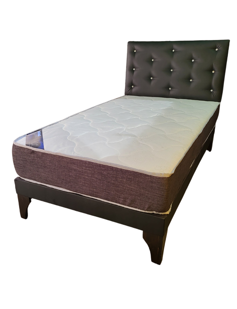 Cama Europea 1.5P Respaldo Negro Cuero Pu Diamante Colchon Resorte Bonnell Marver -2