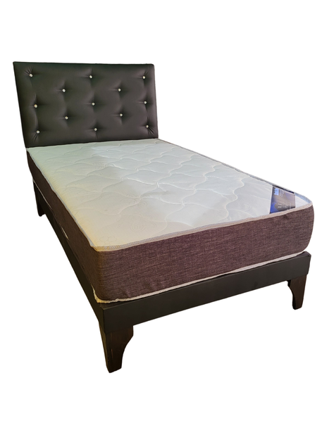 Cama Europea 1.5P Respaldo Negro Cuero Pu Diamante Colchon Resorte Bonnell Marver -1