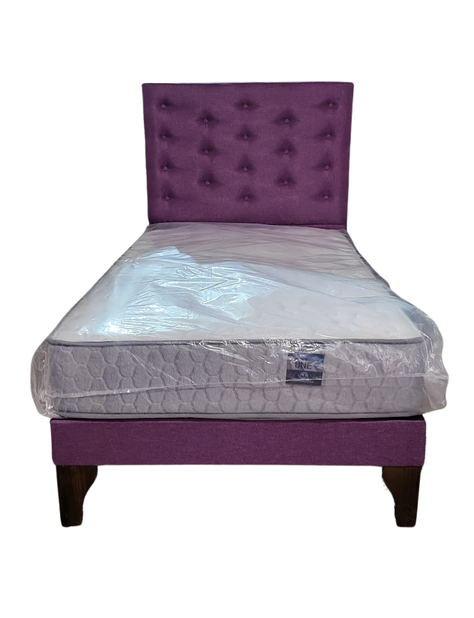 Cama Europea 1.5 Plazas + Respaldo Morado A Piso + Colchón Resorte-0