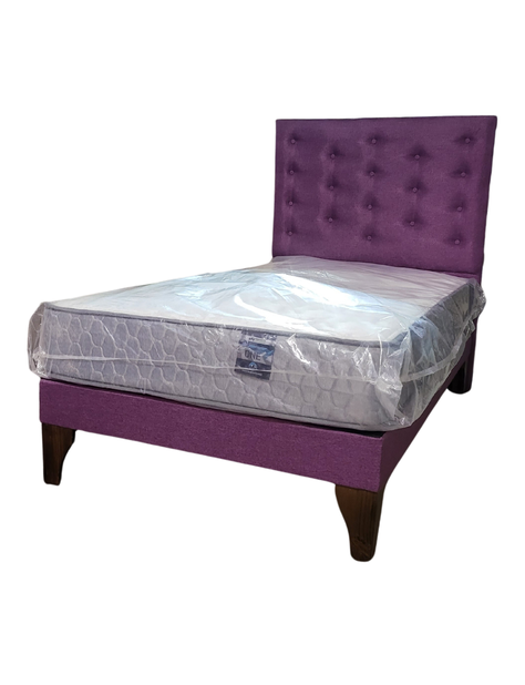 Cama Europea 1.5 Plazas + Respaldo Morado A Piso + Colchón Resorte-2