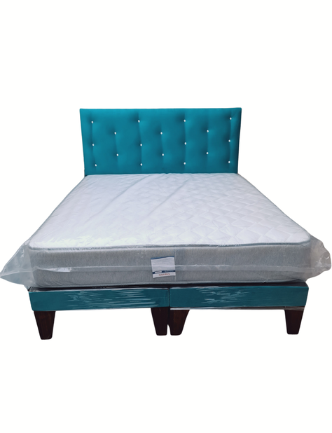 Cama Europea 2Plazas Turquesa Felpa Botón Diamante-0