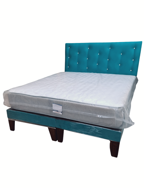 Cama Europea 2Plazas Turquesa Felpa Botón Diamante-2