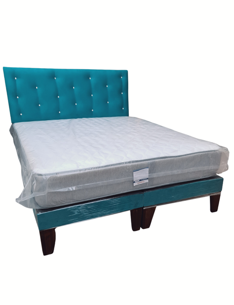 Cama Europea 2Plazas Turquesa Felpa Botón Diamante-1