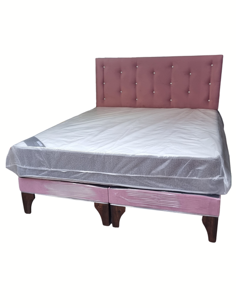 Cama Europea 2Plazas Palo Rosa Felpa Botón Diamante-2