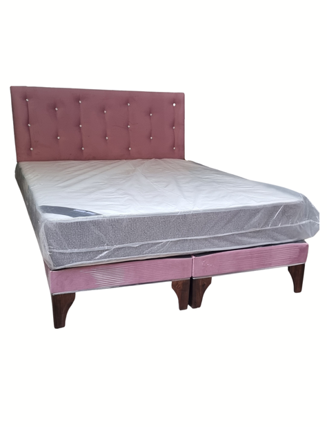 Cama Europea 2Plazas Palo Rosa Felpa Botón Diamante-1