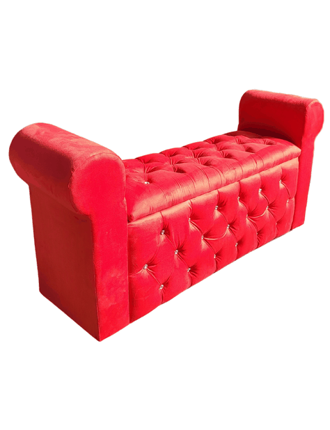 BANQUETA BAUL CON BRAZOS FELPA ROJO BOTON DIAMANTE -0