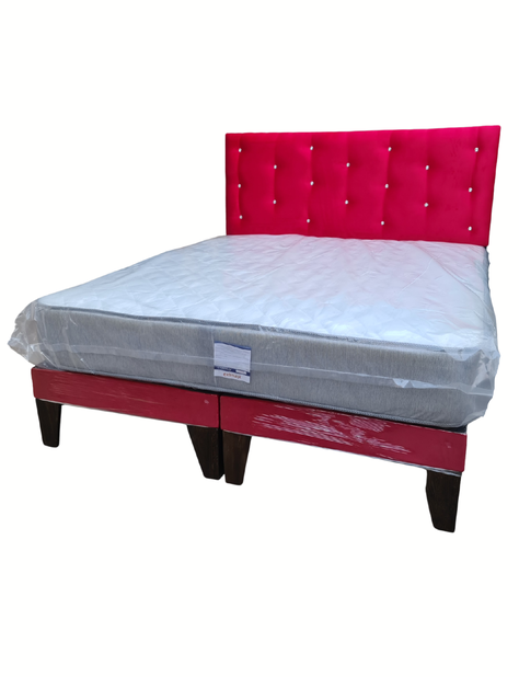 Cama Europea 2Plazas Rojo Felpa Botón Diamante-2