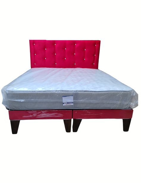 Cama Europea 2Plazas Rojo Felpa Botón Diamante-0