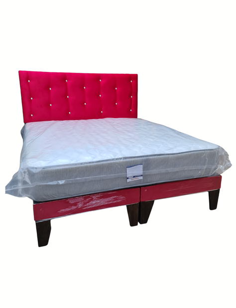 Cama Europea 2Plazas Rojo Felpa Botón Diamante-1