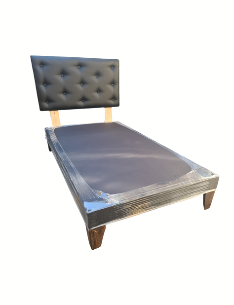 Base 1.5P + Respaldo Botone Negro Cuero Pu Muebles Rimar-1