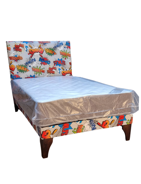 Cama Europea 1.5P Respaldo Comic Yeah! Colchon Resorte Bonnell Marver -1