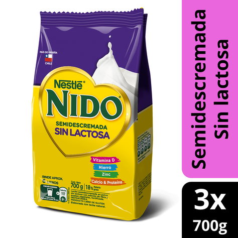 Leche en polvo NIDO® Semidescremada Sin Lactosa Bolsa 700g Pack X3-0