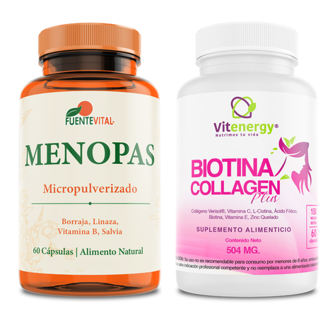 Biotina Colágeno Plus 7 Componentes  + Suplemento Menopausia Menopas - Pack -0
