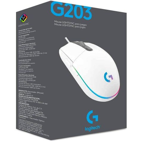  Mouse Gamer Logitech G203 RGB LIGHTSYNC, 6 botones programables, 8.000 DPI, White-3