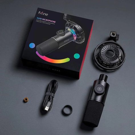 Micrófono para Streaming Fifine K658, Cardioide Dinámico, Plug & Play, RGB, Negro-1