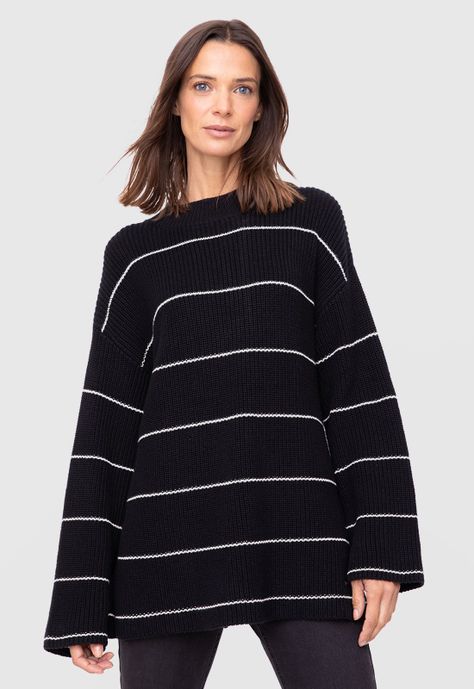 Women Sweater Line White And Black  Black Bubba-0