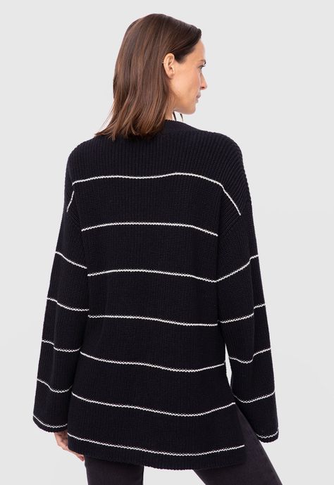 Women Sweater Line White And Black  Black Bubba-1