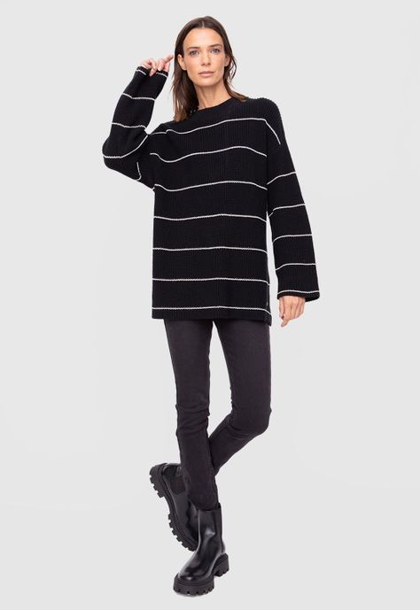 Women Sweater Line White And Black  Black Bubba-4