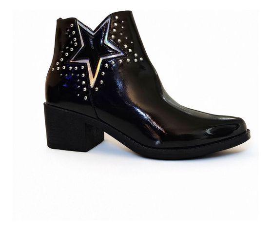 Botin De Mujer Diseño Estrella Color Negro Brillante -7668-0