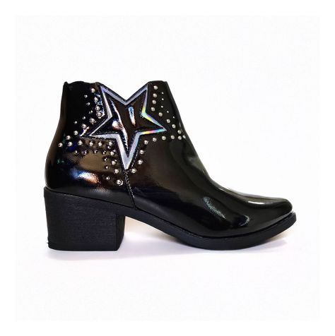 Botin De Mujer Diseño Estrella Color Negro Brillante -7668-1