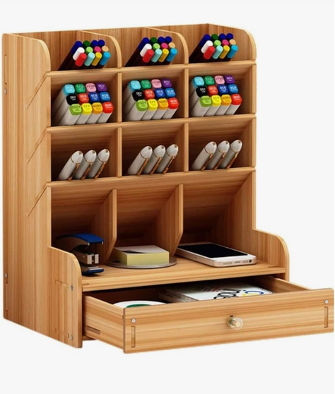 Organizador de Lápices de Escritorio de Madera con 13 Compartimentos-0
