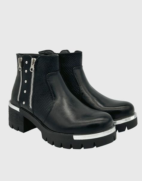 Botin punta redonda, con taco medio y cierres Negro-3