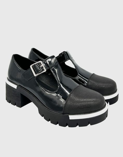 Zapato para mujer con taco bajo Mary jane Negro-2