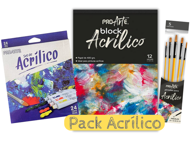 Super Pack Acrílico, 24 Tubos, 5 Pinceles y 1 Block de 12 Hojas-0