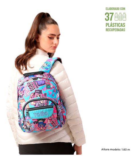 Mochila Escolar Totto Tempera Rpet Azul Anime Girls-1