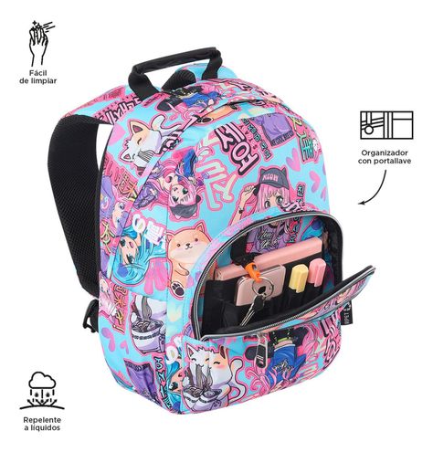 Mochila Escolar Totto Tempera Rpet Azul Anime Girls-5