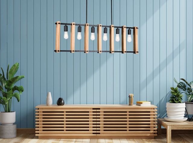 Lámpara Colgante Techo Industrial Metal Madera 5 Luces Jhn-7