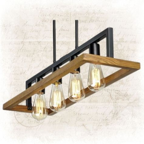 Lámpara Colgante Techo Lineal 4 Luces Metal Madera Jhn-8