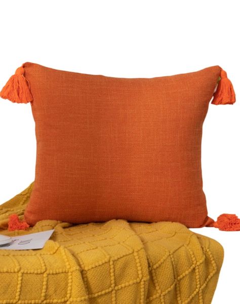 Juego de 2 Fundas de Cojín de Lino con Pompones-Naranja-0