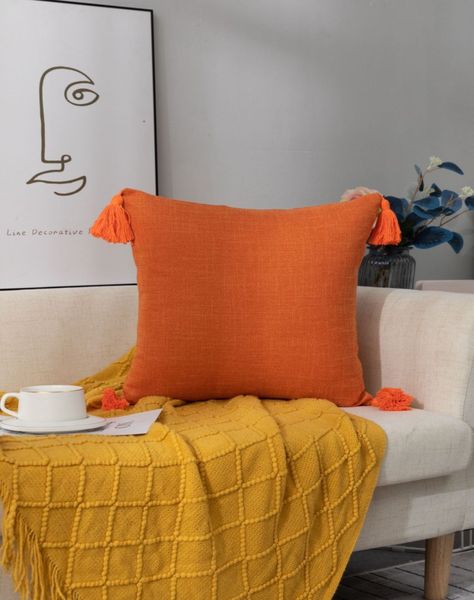 Set de 4 Fundas de Cojín de Lino con Pompones-Naranja-1