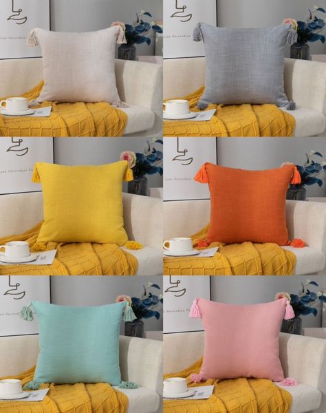 Set de 4 Fundas de Cojín de Lino con Pompones-Naranja-2