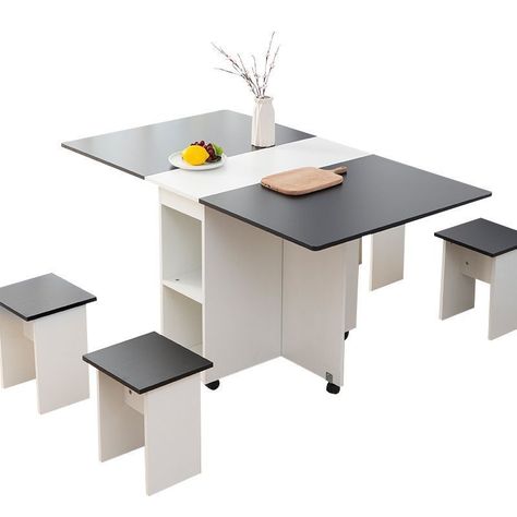 Comedor plegable multiuso + 4 taburetes Blanco/ Negro-2