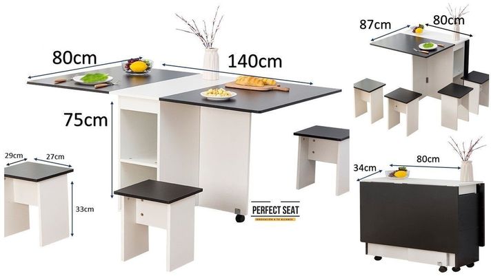 Comedor plegable multiuso + 4 taburetes Blanco/ Negro-1