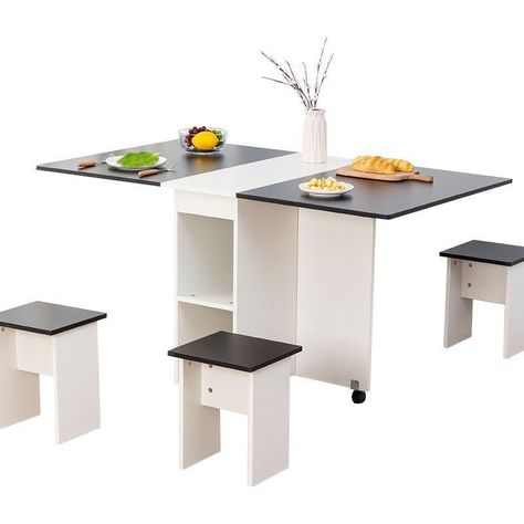Comedor plegable multiuso + 4 taburetes Blanco/ Negro-0