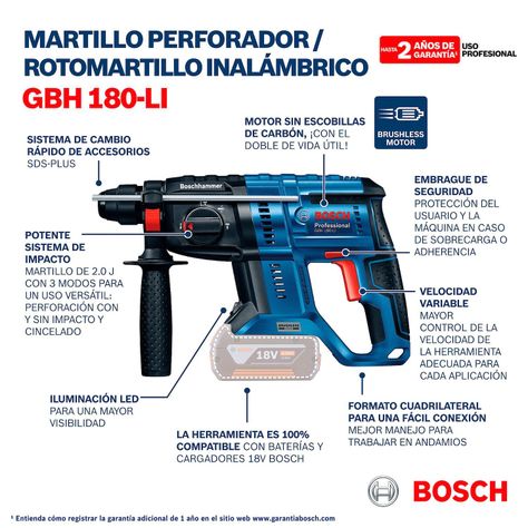 ROTOMARTILLO INALAMBRICO 18V GBH 180LI + 2 BATERIAS + 1 CARGADOR + MALETA BOSCH-2