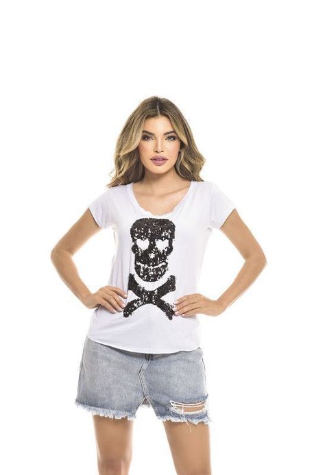 POLERA MC LENTEJUELA POISON SKULL WHITE RC-7-3