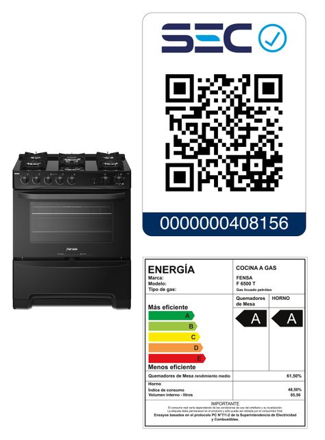 Cocina a Gas 5 Platos Fensa Cubierta Vidrio F 6500 T-7