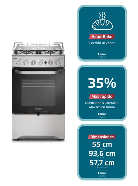 Cocina a Gas 4 Platos Fensa VaporBake y Timer F 2606 T-2