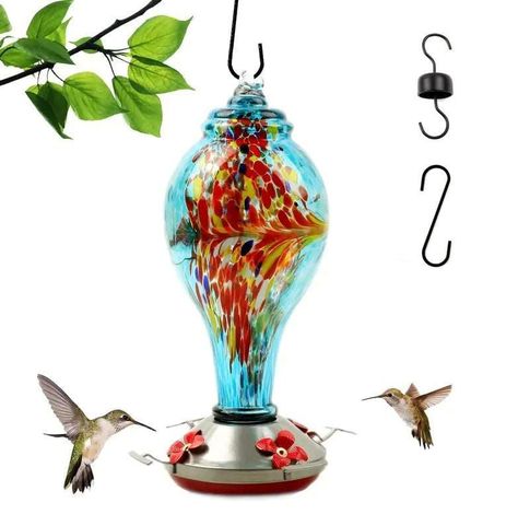  Bebedero y Comedero Para Colibríes Vidrio Soplado Exteriores1065 Ml-0
