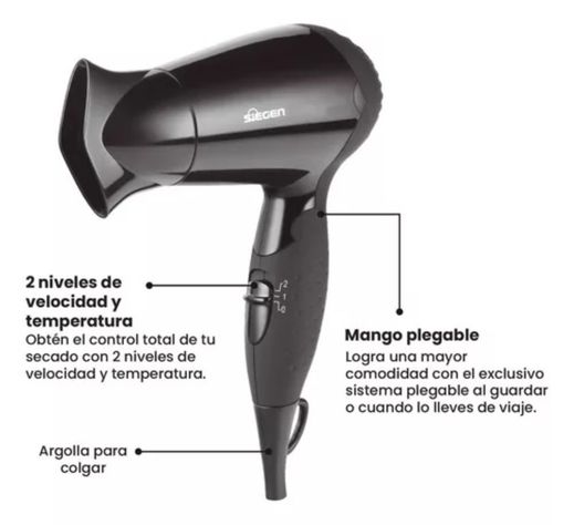 Secador de Pelo Siegen Lets go Travel Negro SG3005 1200Watts-2