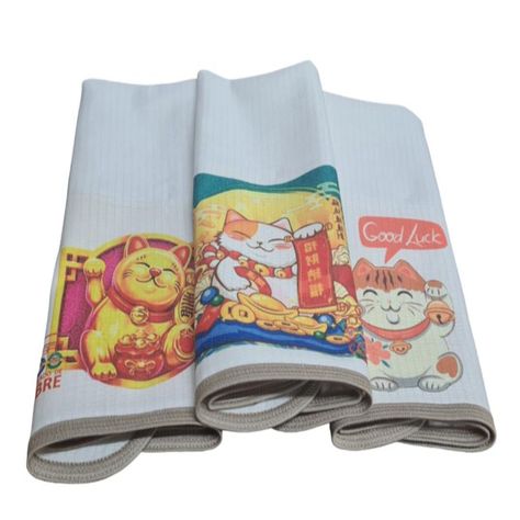 Pack 3 Paños Cocina Gato de la Fortuna color turquesa -1